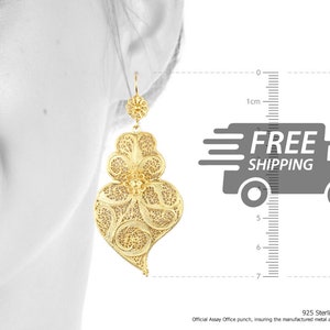 Portuguese Filigree EARRINGS L Size Viana Heart Traditional Antique Portugal, 925 Sterling Silver with 24k Gold Bath
