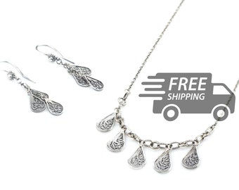 Portuguese Filigree Jewelry Set: Earrings and Necklace, Droplets, 925 Sterling Silver