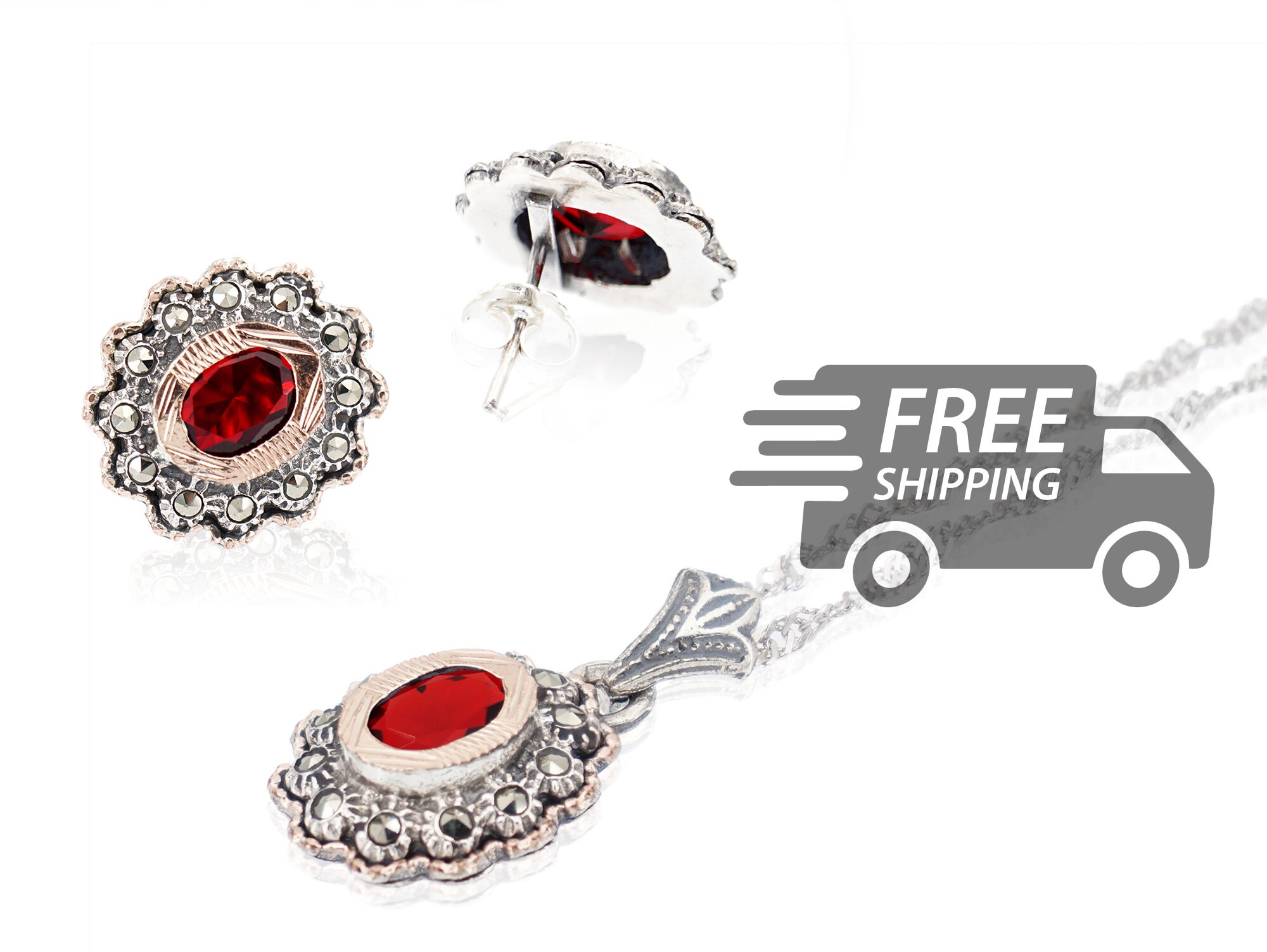 Collier Et Boucles D'oreilles En Argent Massif Avec Marcassites Et Pierres Bleues - Occasion Vintage XXe Siècle