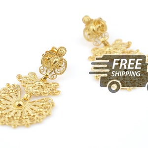 Portuguese Filigree EARRINGS Small Laças Viana Traditional Antique Portugal, 925 Sterling Silver w/ 24k Gold Bath