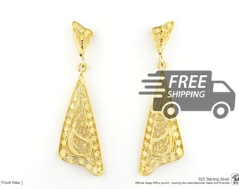 Portuguese Filigree EARRINGS Small Round Triangles Viana Traditional Antique Portugal, 925 Sterling Silver w/ Gold Bath
