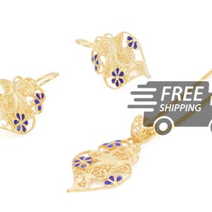 Portuguese Filigree Earrings + Necklace SET Small Viana Heart w/ Enameled Flowers Traditional Portugal, 925 Sterling Silver w/ 24k Gold Bath