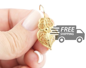 Portuguese Filigree Earrings: Extra Small Viana Hearts, Gold Plated 925 Sterling Silver