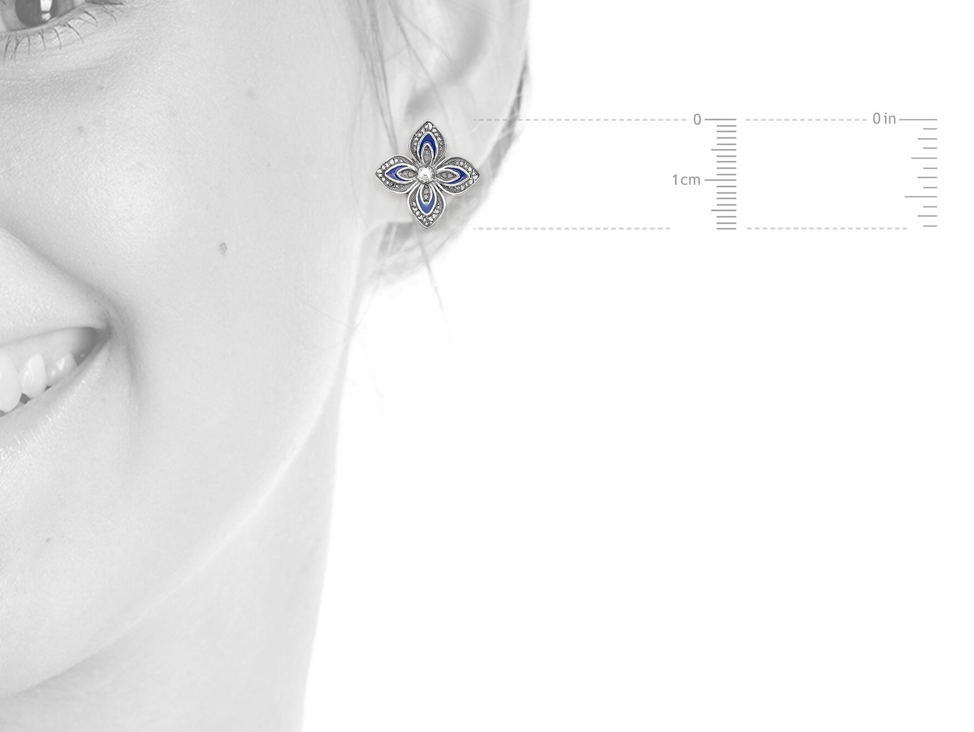 Boucles D'oreilles Dormeuses Argent 925 Plaqué Or - Fleur émail Bleu/blanc Filigrane