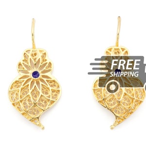 Portuguese Filigree EARRINGS Small Hearts with Enamel Viana Traditional Portugal, 925 Sterling Silver with 24k Gold Bath