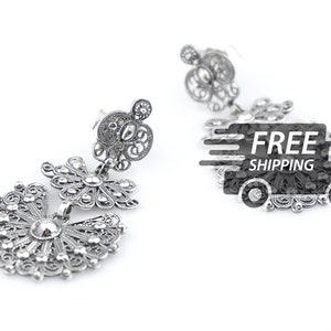 Portuguese Filigree EARRINGS Small Laças Viana Traditional Antique Portugal, 925 Sterling Silver