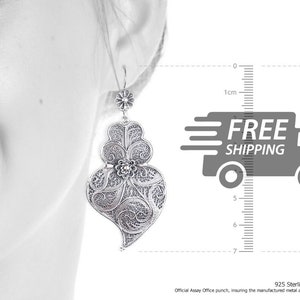 Portuguese Filigree EARRINGS L Size Viana Heart Viana Traditional Antique Portugal, 925 Sterling Silver