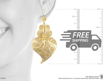 Portuguese Filigree Earrings: Viana Heart, Extra Large, Gold Plated 925 Sterling Silver