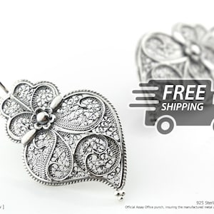 Portuguese Filigree EARRINGS S size Viana Heart (3.5cm) Traditional in 925 Sterling Silver