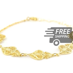 Portuguese Filigree BRACELET Five Viana Hearts in 925 Sterling Silver with 24k Gold Bath