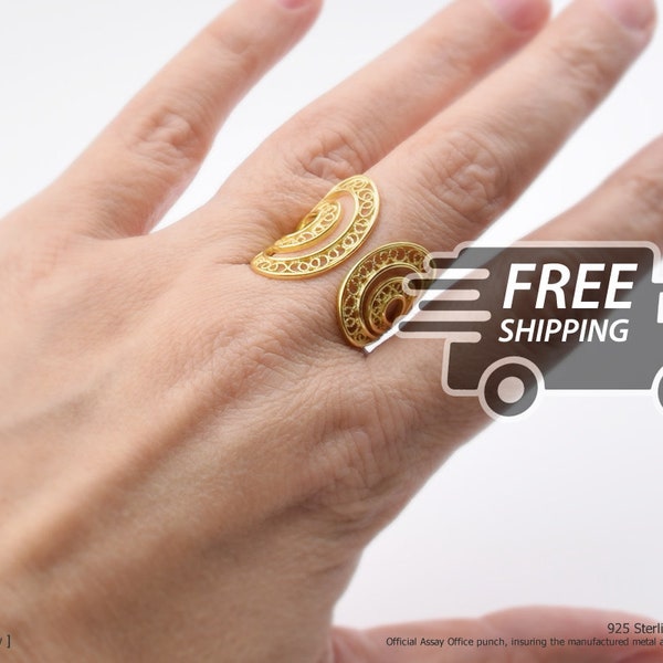 Anillo de filigrana portuguesa: círculos, ajustable, plata de ley 925 bañada en oro