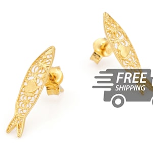 Portuguese Filigree Earrings: Tiny Sardines, Studs, Gold Plated 925 Sterling Silver