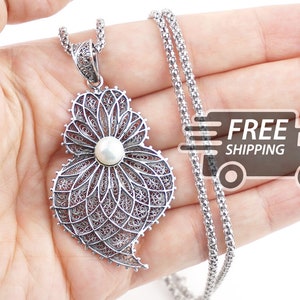 Portuguese Filigree and Pearl PENDANT Viana Heart w/ Granitos Necklace Viana Traditional Portugal in 925 Silver