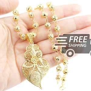 Portuguese Filigree NECKLACE Contas de Viana Beads w/ Medium-sized Viana Heart Traditional Portugal, 925 Sterling Silver with 24k Gold Bath