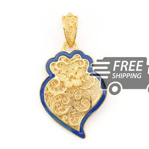 Portuguese Filigree PENDANT Viana Heart with Blue Enamel Traditional in 925 Sterling Silver with 24k Gold Bath