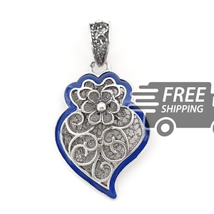 Portuguese Filigree PENDANT Viana Heart with Blue Enamel Traditional in 925 Sterling Silver with 24k Gold Bath