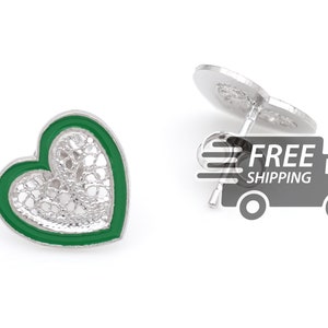 Portuguese Filigree EARRINGS *S Size* Green Enamel Colorful Heart Pushback Viana Traditional Portugal 925 Sterling Silver w Rhodium Bath