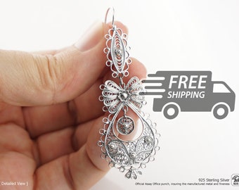 Portuguese Filigree Earrings: Princess, 925 Sterling Silver, Large