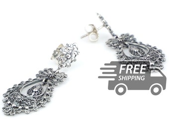 Portuguese Filigree Earrings: Princess, 925 Sterling Silver, Medium Small
