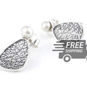 Portuguese Filigree EARRINGS w/ Pearls Viana Traditional Antique Portugal in 925 Silver