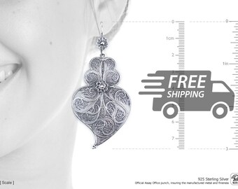 Portuguese Filigree Earrings: Viana Heart, Extra Large, 925 Sterling Silver