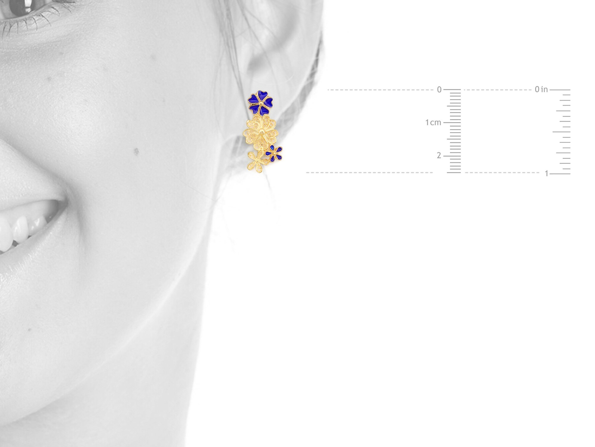 Boucles D'Oreilles Argent 925 Plaqué Or Fleur Émail Bleu/Blanc Filigrane - Dormeuses, Neuf Étiqueté