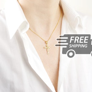 Portuguese Filigree PENDANT Small Cross w/ Short Necklace Traditional Antique Portugal, 925 Sterling Silver with 24k Gold Bath