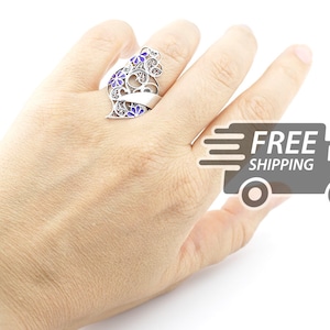 Portuguese Filigree RING Heart Adjustable Traditional Antique Portugal, 925 Sterling Silver w/ Enamel Details