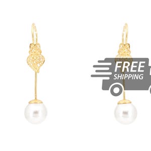 Portuguese Filigree EARRINGS Viana Heart Long Earrings with Large Pearls Traditional Antique Portugal in 925 Silver with 24k Gold Bath