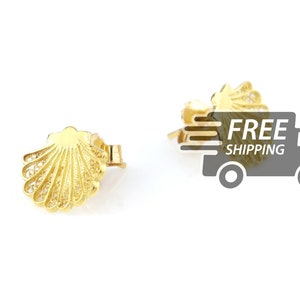 Portuguese Filigree Earrings: Small Seashell, Gold Plated 925 Sterling Silver, Studs