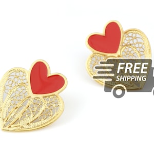 Portuguese Filigree EARRINGS Heart & Enamel Pushback Viana Traditional Portugal, 925 Sterling Silver with 24k Gold Bath