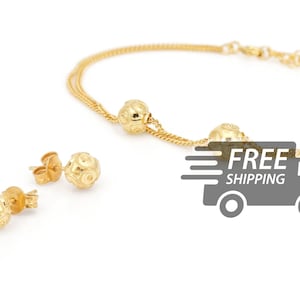 Portuguese Filigree BRACELET & Earrings SET Viana Beads (6mm) Traditional Portugal, 925 Sterling Silver with 24k Gold Bath