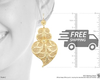 Portuguese Filigree Earrings: Viana Heart, Extra Large, Gold Plated 925 Sterling Silver