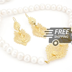 Portuguese Queen NECKLACE + Earrings Set Viana Traditional Portugal in 925 Silver with 24k Gold Bath