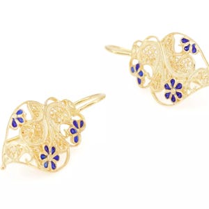 Portuguese Filigree EARRINGS Small Hearts Viana Traditional Antique Portugal, Sterling Silver w/ 24k Gold Bath and Enamel
