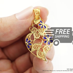 Portuguese Filigree PENDANT Viana HEART w/ Enameled Flowers Viana Traditional Antique Portugal, 925 Sterling Silver with 24k Gold Bath