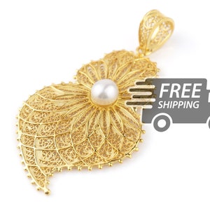 Portuguese Filigree PENDANT Heart w/ Real Pearl Viana Traditional Portugal in 925 Silver with 24k Gold Bath