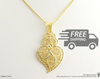 Collar corto de filigrana portuguesa: Corazón Viana enmarcado, plata de ley 925 chapada en oro, pequeño