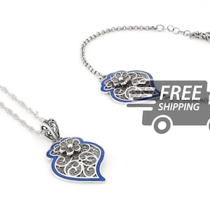 Portuguese Filigree SET Necklace + Bracelet Viana Heart with Blue Enamel Traditional Portugal, Sterling Silver