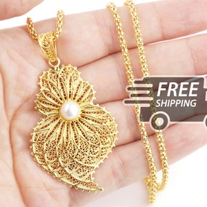 Portuguese Filigree and Pearl PENDANT Heart w/ Granitos Necklace Viana Traditional Portugal in 925 Silver with 24k Gold Bath