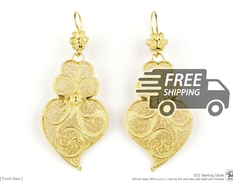 Portuguese Filigree Earrings: Viana Heart, Gold Plated 925 Sterling Silver, Medium Large