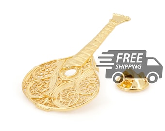 Portuguese Filigree PIN Fado Guitar Traditional Antique Portugal, 925 Sterling Silver with 24k Gold Bath
