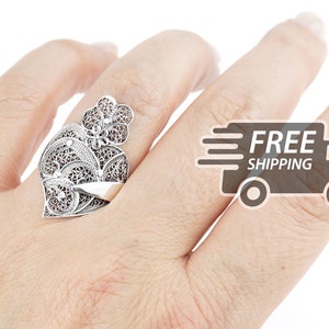 Portuguese Filigree RING Viana Heart Adjustable Traditional Portugal, 925 Sterling Silver