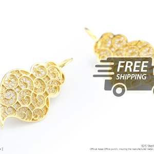 Portuguese Filigree EARRINGS Small Twirls Heart Viana Traditional Antique Portugal, 925 Sterling Silver with 24k Gold Bath