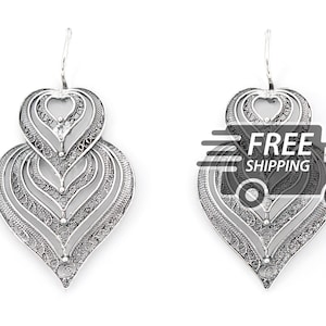Portuguese Filigree EARRINGS Layered Heart Viana Traditional in 925 Sterling Silver