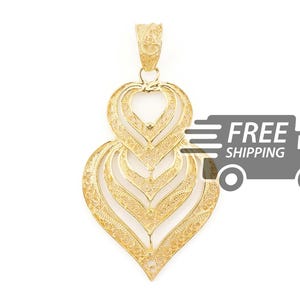 Portuguese Filigree PENDANT Layered Viana Heart Medium-sized Traditional in 925 Sterling Silver with 24k Gold Bath
