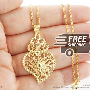 Portuguese Filigree NECKLACE w/ Fidalga Viana Heart Traditional Portugal in 925 Sterling Silver w/ 24k Gold Bath