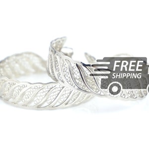 Pendientes de filigrana portuguesa: medio aro, plata de ley 925, ondas, grandes