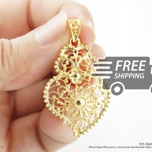 Portuguese Filigree PENDANT Fidalga Viana Heart Traditional in 925 Sterling Silver w/ 24k Gold Bath