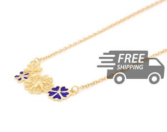 Collier En Argent 925 Plaqué Or - Pendentif Fleur Avec émail Bleu/blanc, Filigrane - Marque Filgold